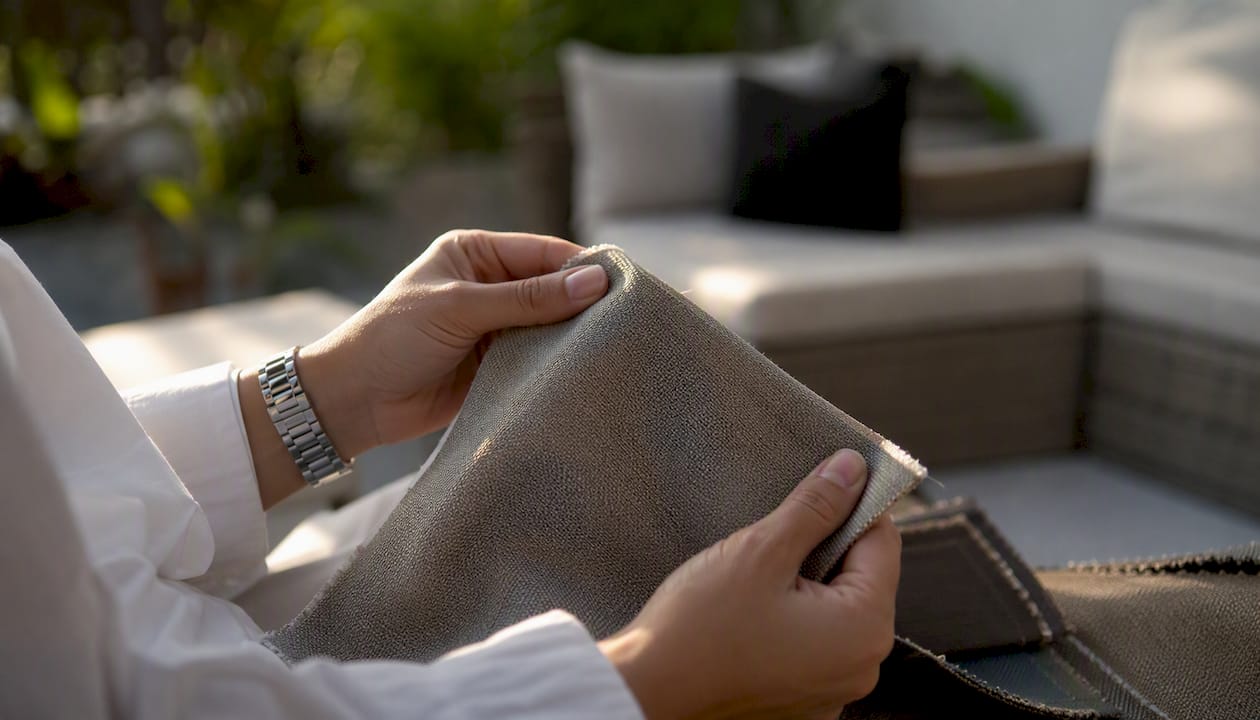 Hands flexing solution-dyed acrylic fabric sample