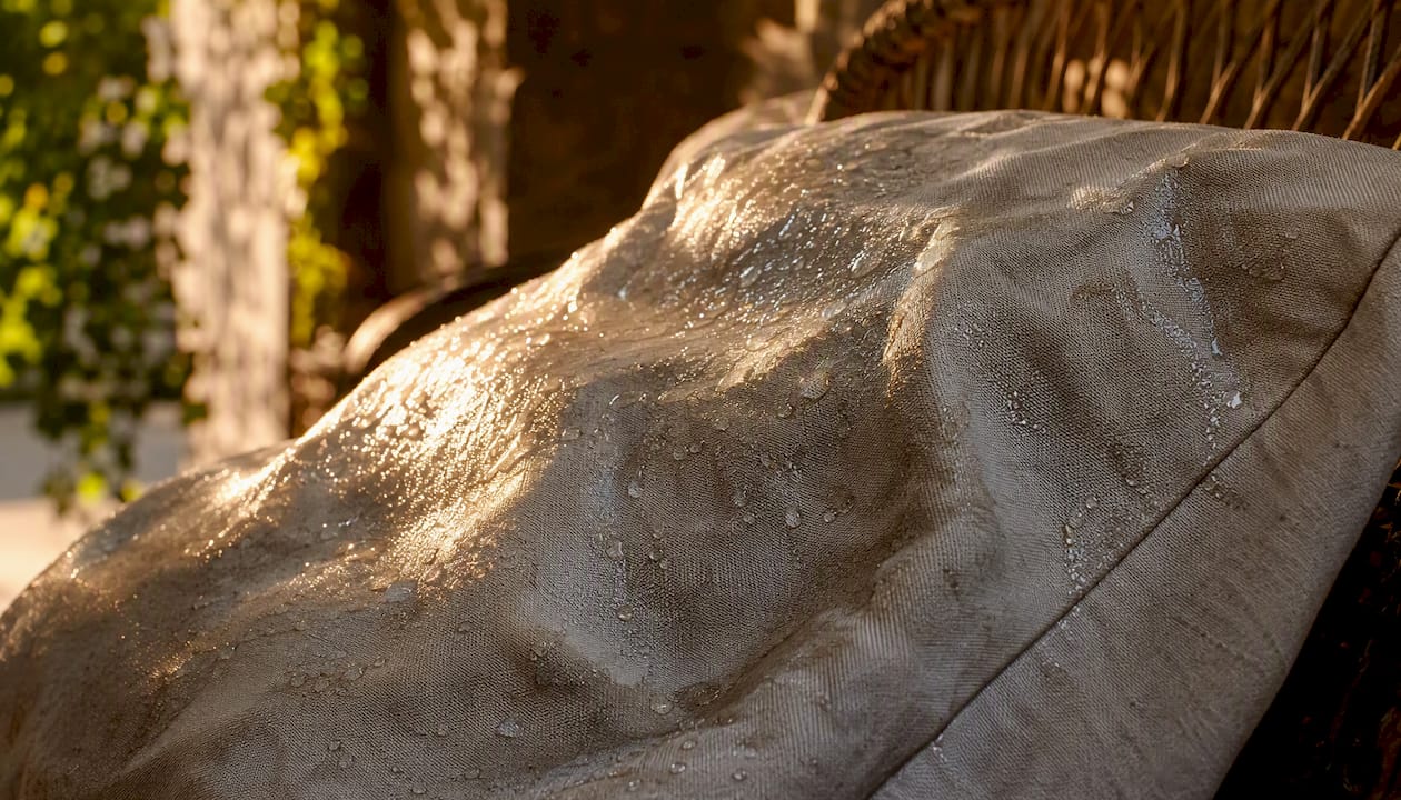 Wet natural cotton fabric on outdoor cushion