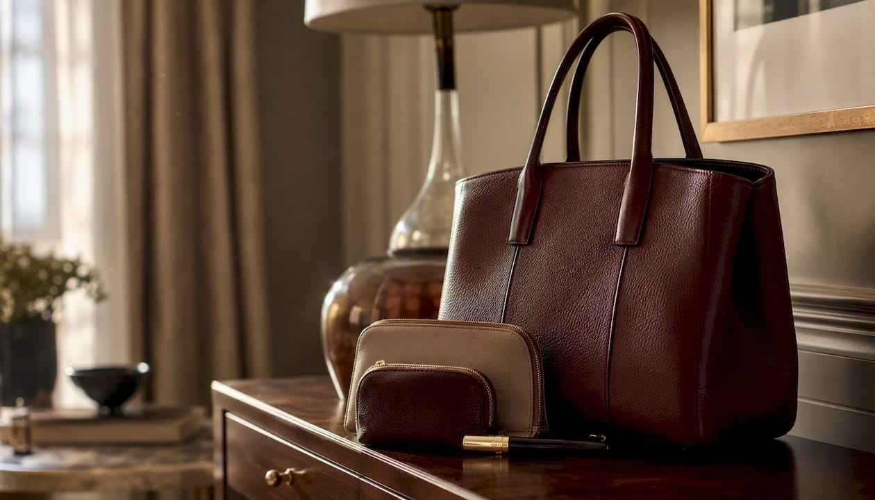 Clean leather bag with organized accessories