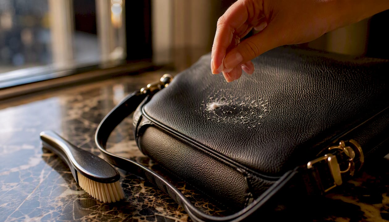 Powder treatment on greasy stain on leather bag