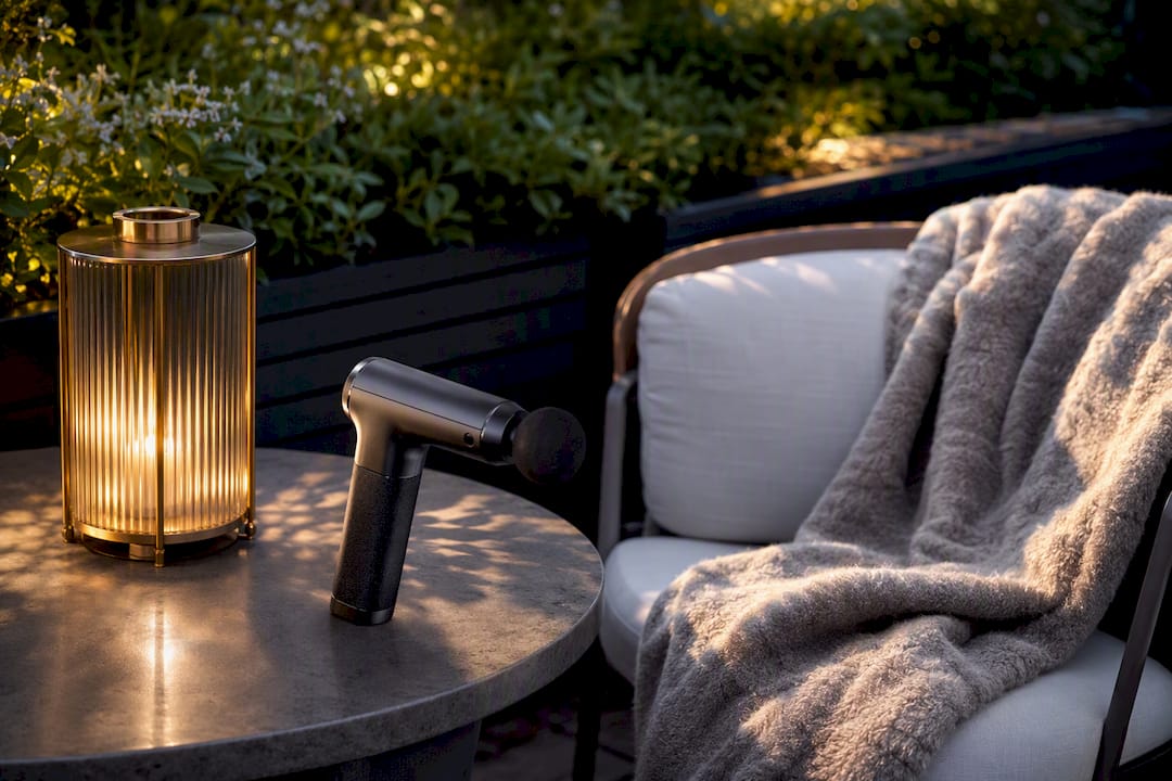 Massage gun on luxury side table indoors