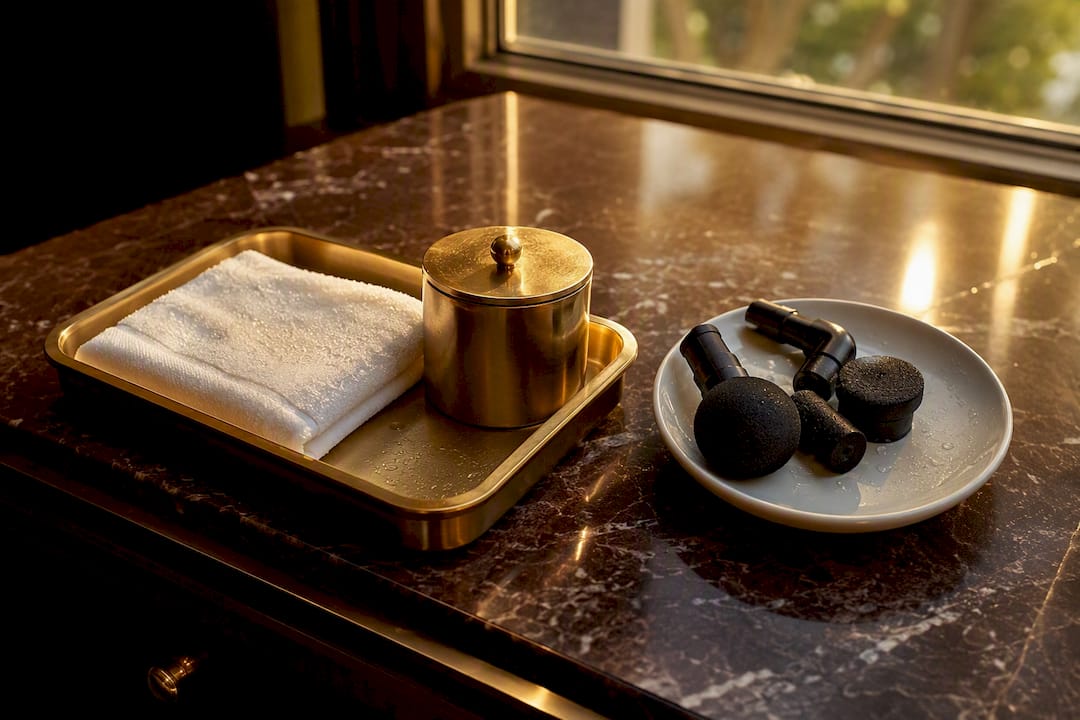 Cleaning massage gun attachments on luxury tray