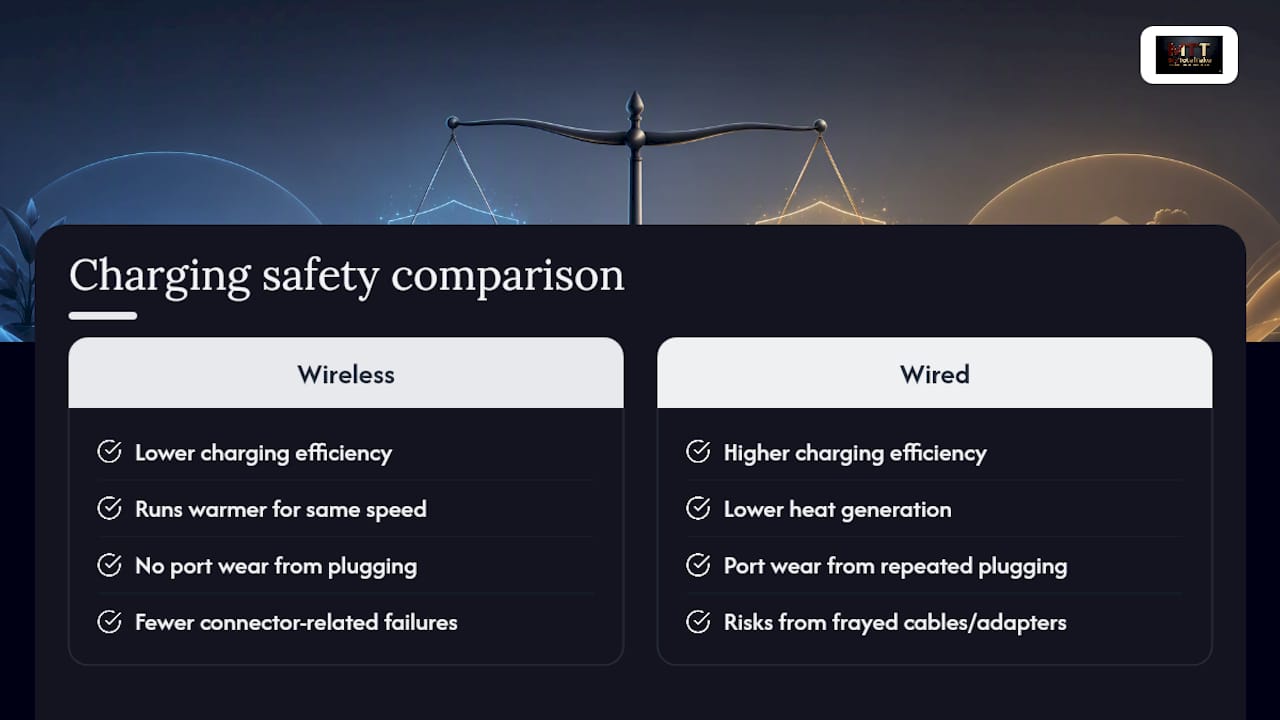 Comparison infographic of wireless and wired charging safety and efficiency