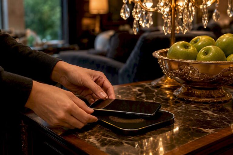 Hands placing phone on wireless charging pad