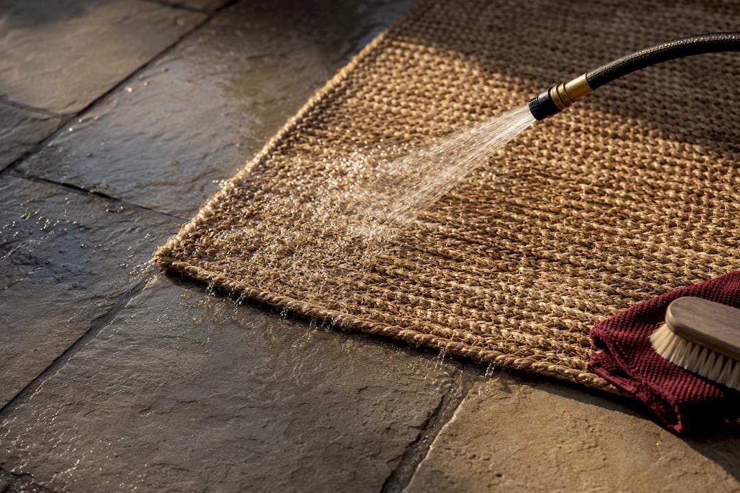 Gentle hose rinsing an outdoor rug