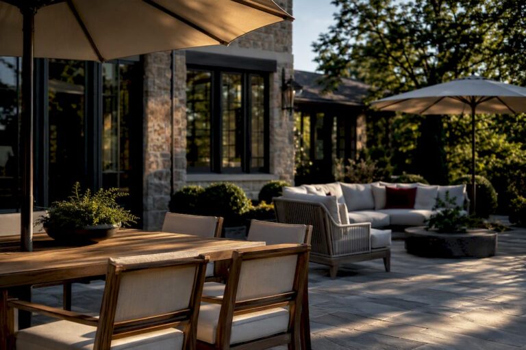 Two patio seating zones under umbrella shade