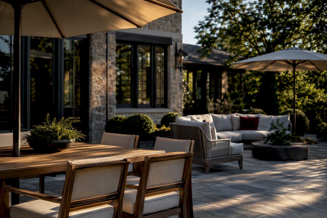 Two patio seating zones under umbrella shade