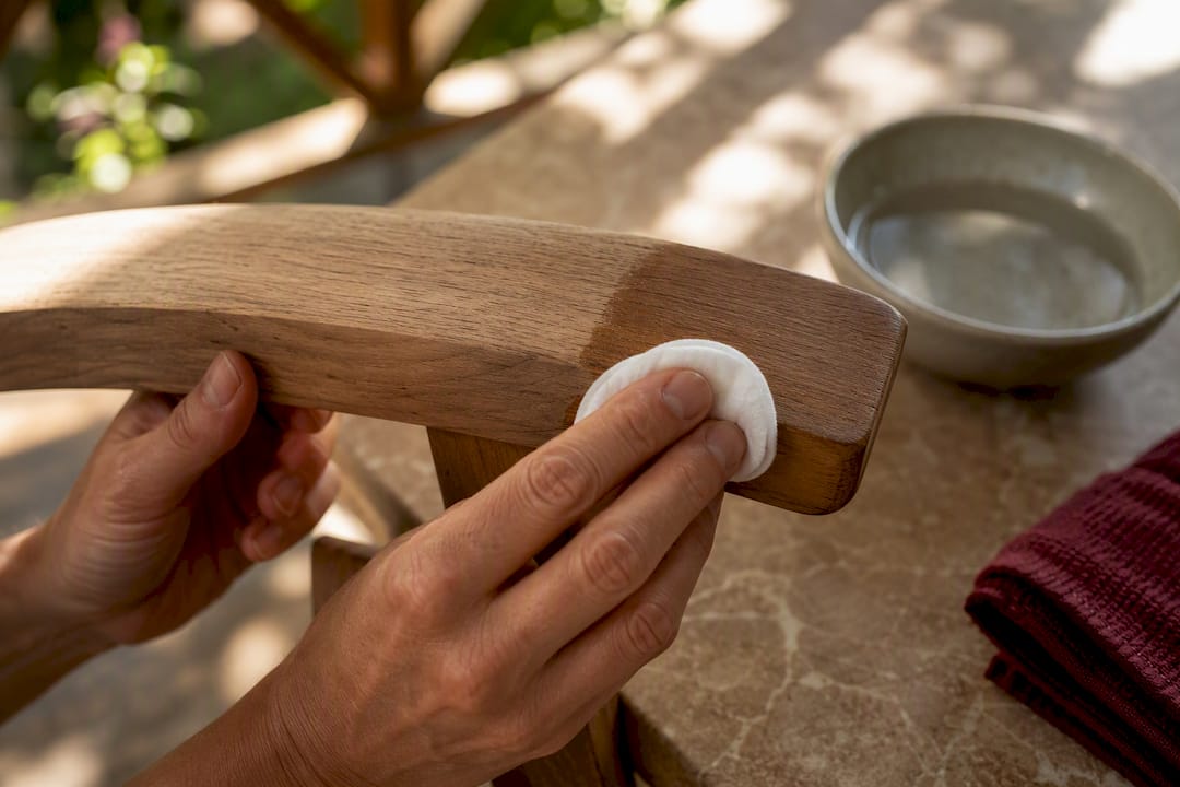 Testing teak cleaner beneath an armrest