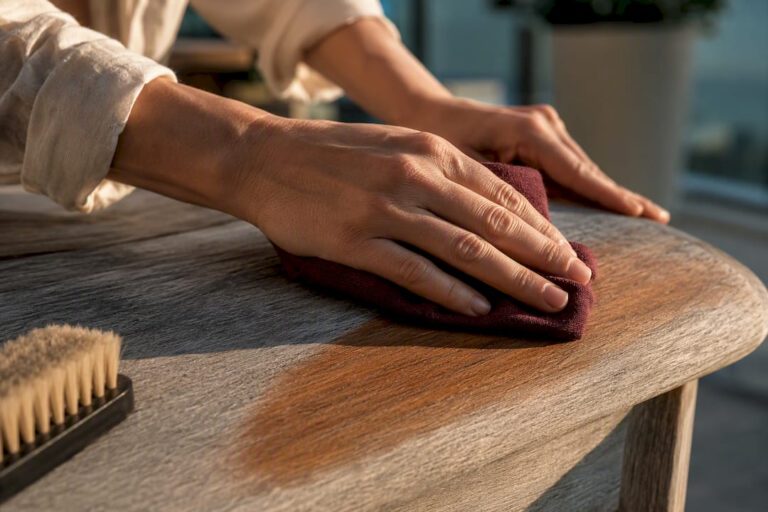 Hands cleaning weathered teak wood