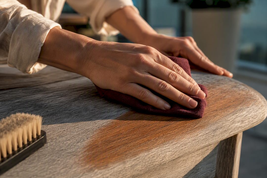 Hands cleaning weathered teak wood