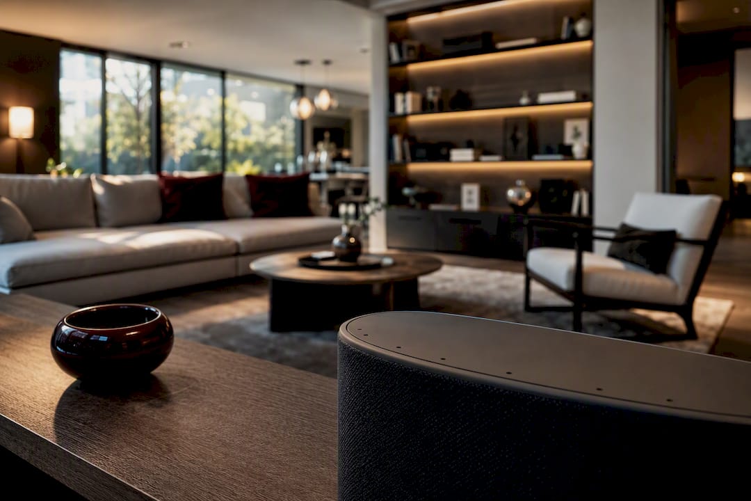 Anonymous smart speaker positioned in open living room