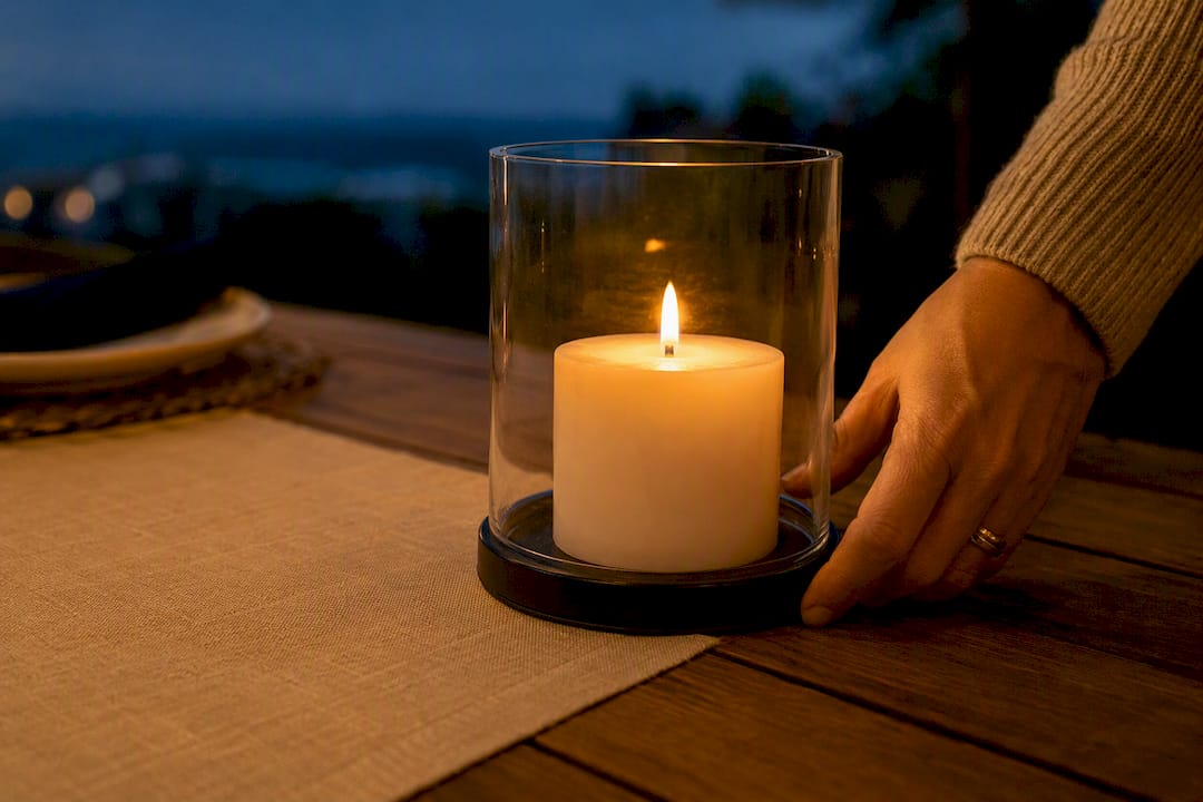 Enclosed candle beside outdoor table linen