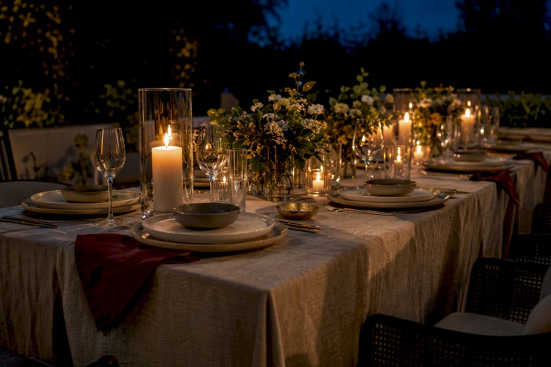 Layered outdoor table glowing at dusk