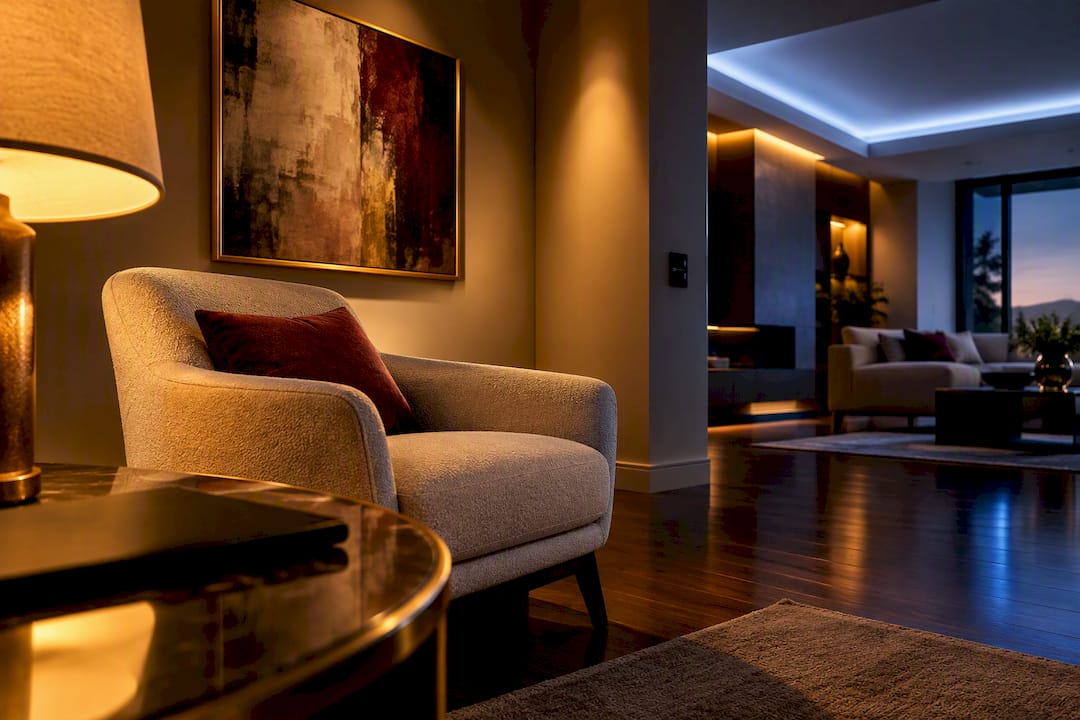 Layered smart lighting in a refined living room
